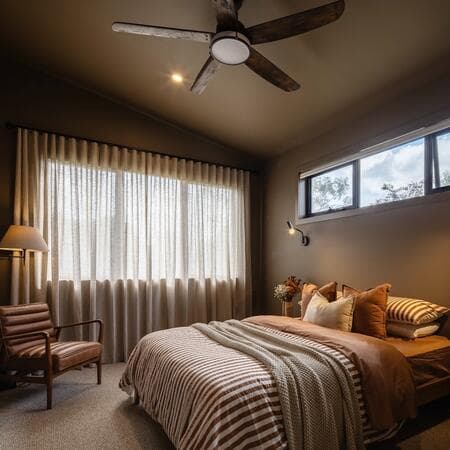 image by aimeekatestanton containing ceiling fan, bedroom, bed, window, chair